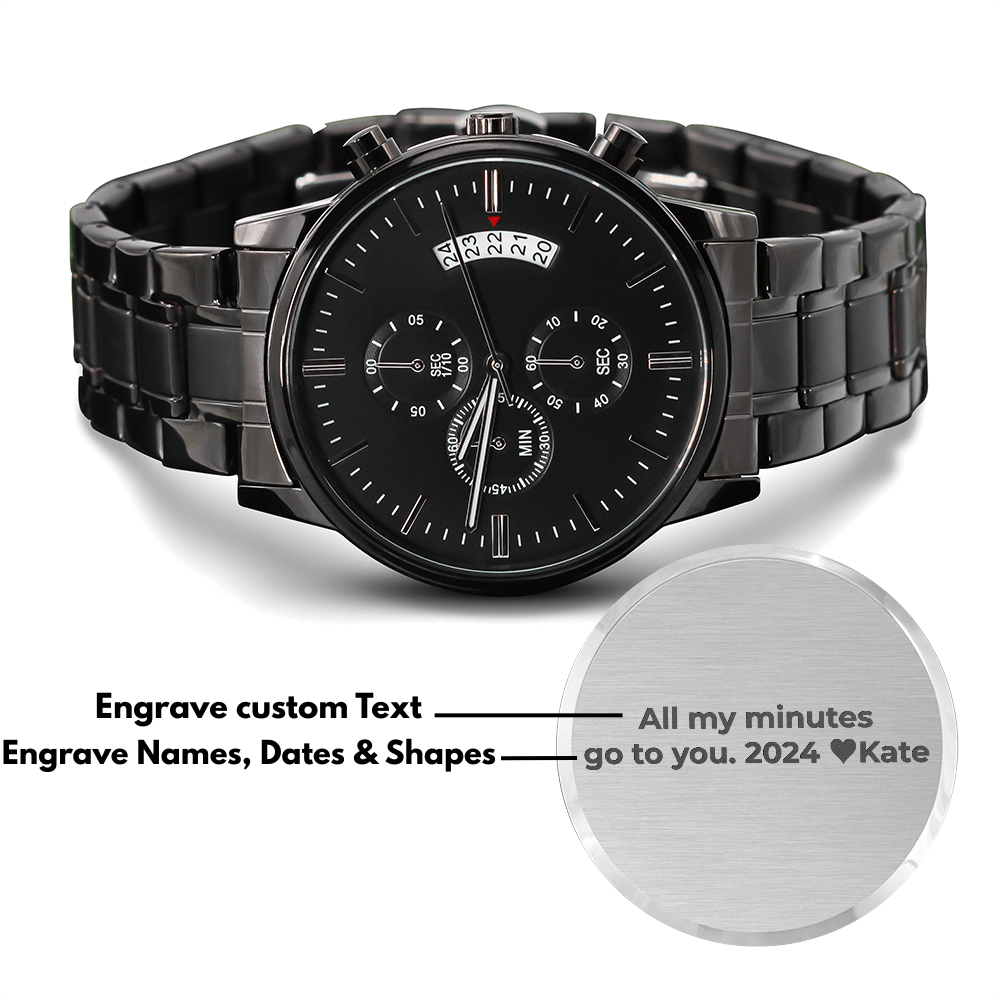 Mens Engraved Black Chronograph Watch Stainless Steel Waterproof Customized Personalized Watches for Boyfriend My Man Fiancé Husband Birthday Anniversary Personalized Watch