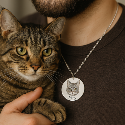 Personalized Photo Engraved Cat Portrait Necklace, Custom Cat Photo Necklace in Silver, Gold or Rose Gold