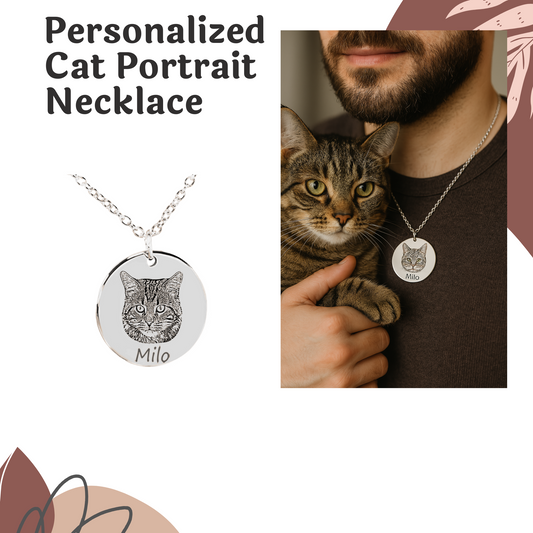 Personalized Photo Engraved Cat Portrait Necklace, Custom Cat Photo Necklace in Silver, Gold or Rose Gold
