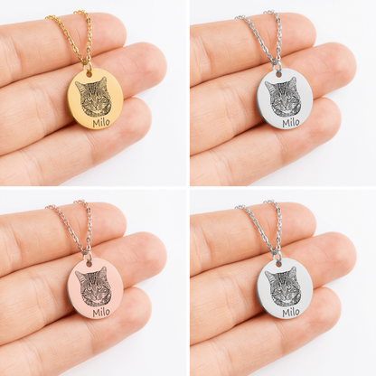 Personalized Photo Engraved Cat Portrait Necklace, Custom Cat Photo Necklace in Silver, Gold or Rose Gold