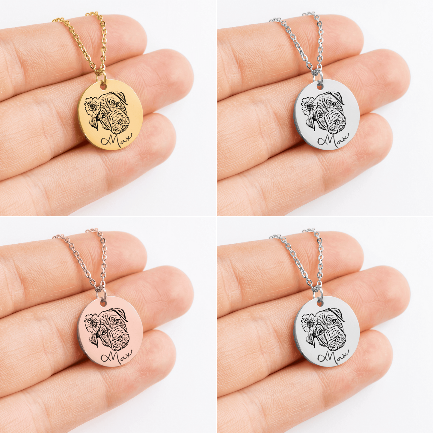 Personalized Engraved Dog Portrait Necklace, Silver, Gold or Rose Gold