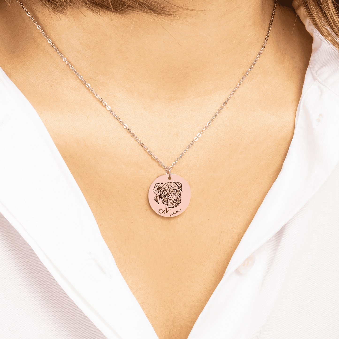Personalized Engraved Dog Portrait Necklace, Silver, Gold or Rose Gold