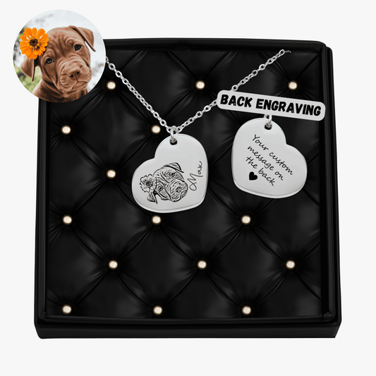 Custom Pet Portrait Heart Necklace, Personalized Photo Engraved Pet Heart Necklace, Pet Name Heart Necklace