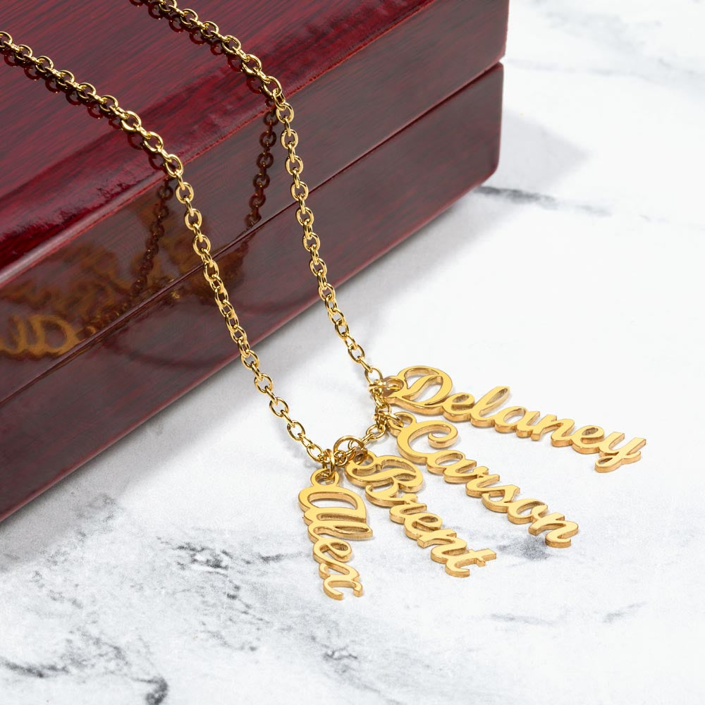 Personalized 18k Yellow Gold Plated Vertical Name Necklace, Family Name/Kids Name Necklace, Custom Date Necklace, Bridesmaid Gift, Christmas Gift, Birthday Gift, Gift for Mom