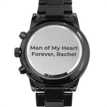 Mens Engraved Black Chronograph Watch Stainless Steel Waterproof Customized Personalized Watches for Boyfriend My Man Fiancé Husband Birthday Anniversary Personalized Watch