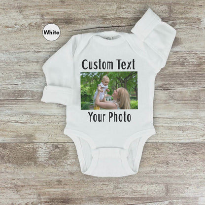 Personalized Front or Back Long Sleeve Bodysuit for Baby, Custom Photo and Text Baby Bodysuit