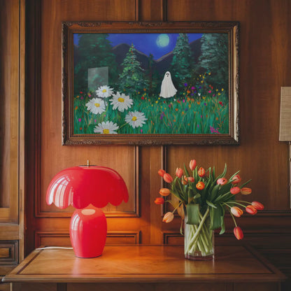 Haunted Ghost in Moonlit Forest Poster, Spooky Halloween Wall Art Print, Whimsical Ghost Painting with Wildflowers, Unframed