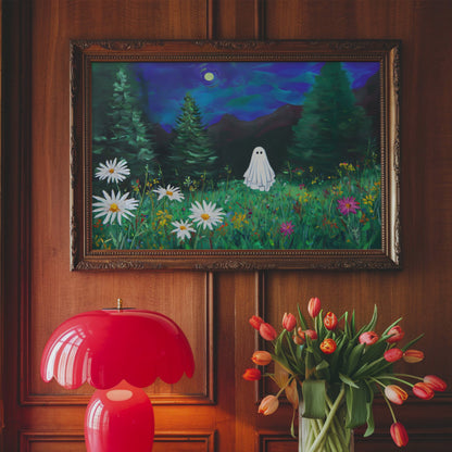 Haunted Ghost in Meadow Fine Art Poster, Eerie Ghost Moody Twilight Wildflower Meadow Print, Wall Art Home Decor, Unframed