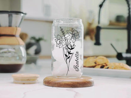 Custom Birth Flower Tumbler with Name Birth Flower Glass Coffee Cup