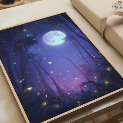 Fireflies and Lightning Bugs in Forest Poster, Dreamy Moonlit Ocean Night Print, Enchanted Nature Wall Art, Unframed