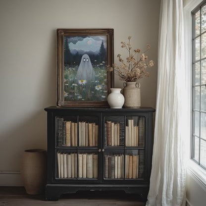 Haunted Ghost in Meadow Poster, Spooky Eerie Ghost Moonlit Wildflower Field Wall Art Print