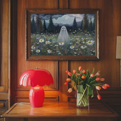 Haunted Ghost in Wildflower Field Poster, Spooky Ghost Print, Ghost in Moonlit Meadow Wall Art