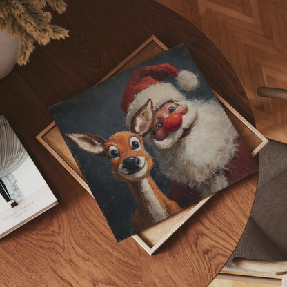 Retro Santa and Reindeer Christmas Poster, Vintage Holiday Print with Cheerful Seasonal Charm, Nostalgic Christmas Wall Art, Unframed