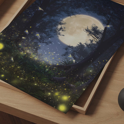 Eerie Haunted Night Forest Poster with Fireflies and Glowing Moon, Mystical Night Sky Poster for Bedroom or Living Room, Unframed Wall Decor