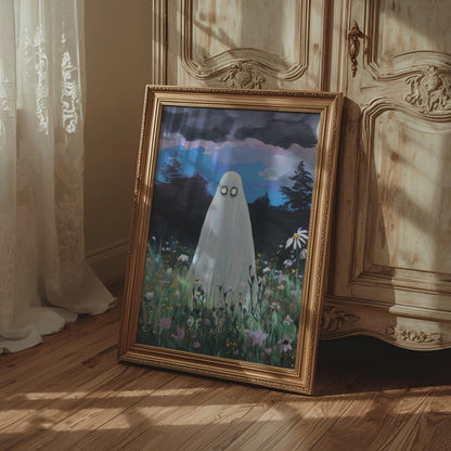 Haunted Ghost in Wildflower Field Poster, Spooky Ghost Poster Wall Art, Surreal Night Sky Print, Eerie Halloween Home Decor