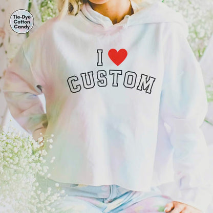 Personalized I Love Custom Y2K Tie Dye Cropped Hooded Sweatshirt for Women, I Heart Custom Y2K Hoodie, I Heart Your Text, Trendy 90s Top