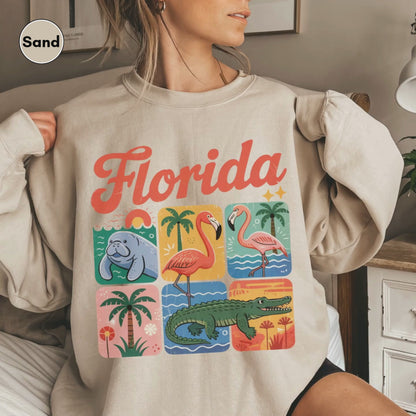Florida Vintage Sweatshirt, Florida Lover Retro Animal Graphic Sweatshirt, Wildlife Manatee Flamingo Alligator Sweatshirt