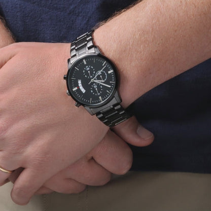 Mens Engraved Black Chronograph Watch Stainless Steel Waterproof Customized Personalized Watches for Boyfriend My Man Fiancé Husband Birthday Anniversary Personalized Watch