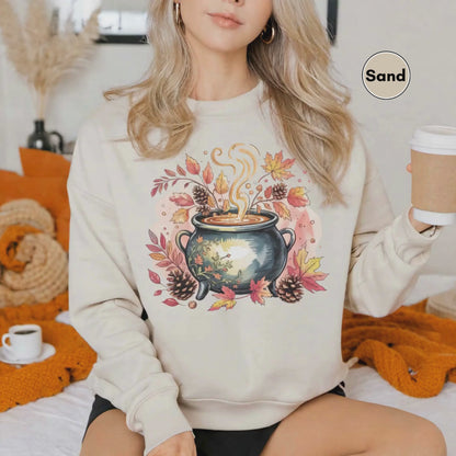Autumn Cauldron Sweatshirt, Fall Leaves Pullover, Witchy Halloween Sweatshirt, Nature Lover Gift for Her, Cozy Fall Witchy Vibes Sweatshirt