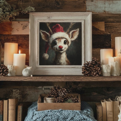 Vintage Rudolph Red Nose Reindeer Wearing Santa Hat Fine Art Poster, Whimsical Christmas Holiday Print, Home Decor Wall Art, Unframed