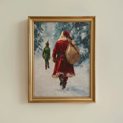 Vintage Santa Claus and Elf Walking Through Winter Forest Poster, Cozy Christmas Holiday Print, Home Decor Wall Art, Unframed