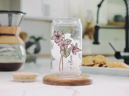 Custom Birth Flower Glass Coffee Cup with Name Birth Flower Tumbler