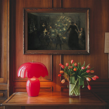 Vintage Family Around Christmas Tree Fine Art Poster, Victorian Christmas Eve Winter Print, Soft Glowing Christmas Lights Holiday Wall Art, Unframed