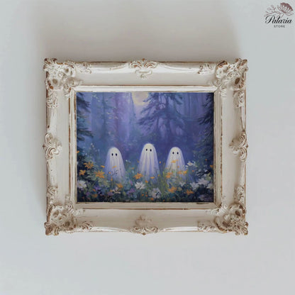 Three Ghosts Under Moonlight in Forest Amongst Wildflowers Poster, Creepy Ghosts Print, Spooky Home Decor Wall Art, Unframed Decor for Home