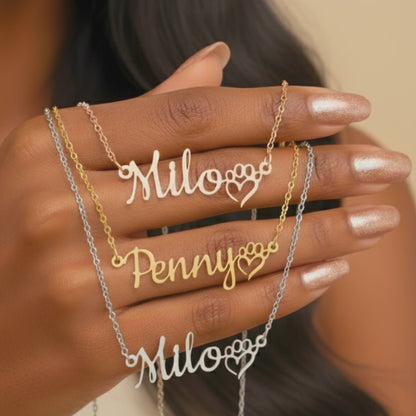 18k Gold Plated Personalized Pet Name Paw Heart Necklace, Custom Dog Name Initial Necklace, Personalized Dog or Cat Memorial Gift for Kids