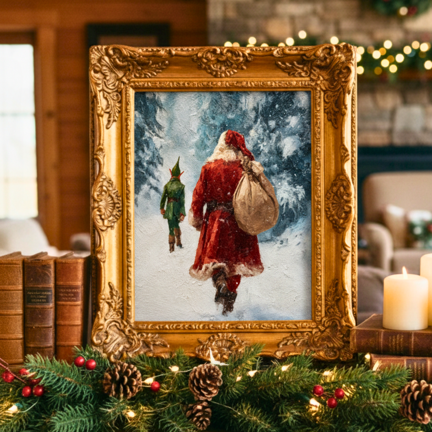 Vintage Santa Claus and Elf Walking Through Winter Forest Poster, Cozy Christmas Holiday Print, Home Decor Wall Art, Unframed